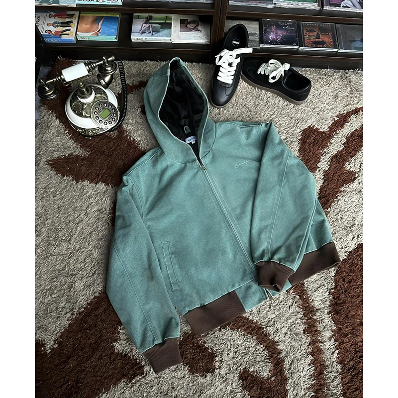 

Мужская джинсовая куртка Cleanfit Lake Blue с капюшоном в американском ретро-стиле, осенняя рабочая куртка свободного кроя, молодежный тренд, на молнии