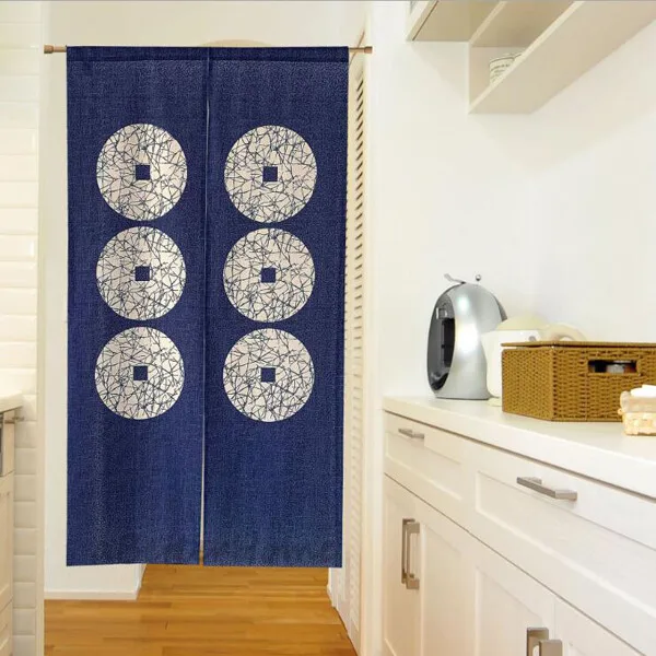 chinese coin pattern noren door curtain traditional blue white design minimalist half panel home decor Simple Installation