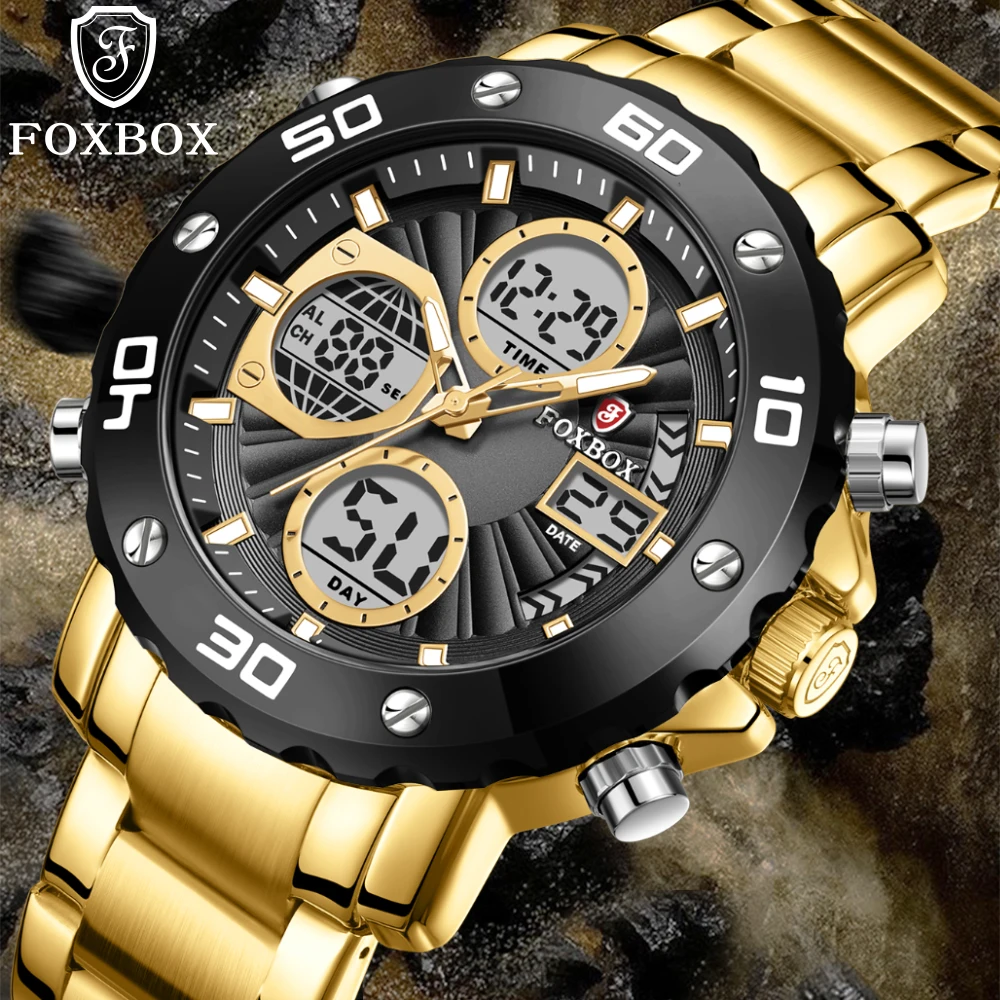 FOXBOX New Gold Big Dial Watch Men Casual Sports LED Chronograph Luminous Wristwatch Man Clock Waterproof Quartz Men's Watches