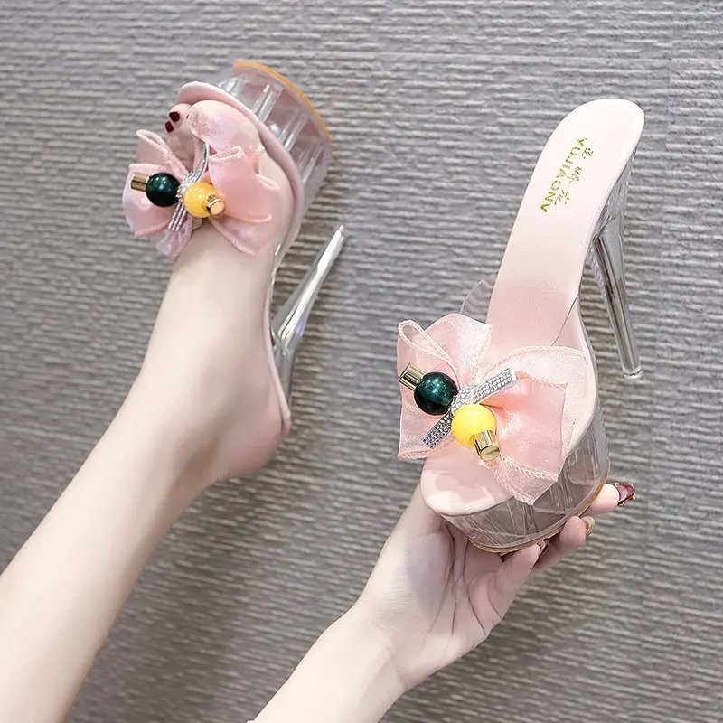 

2026 New Fashion 15CM Clear Heels Sandals Sweet Net Yarn Bowknot Summer Heeled Shoes Transparent Party Heeled Pumps For Women
