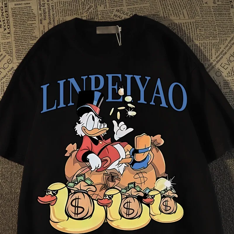 

Disney Donald Duck Cartoon Printed Short Sleeve T-Shirt Summer Casual Cotton White Couple Outfit Men Clothing Tracksuit Tee Top