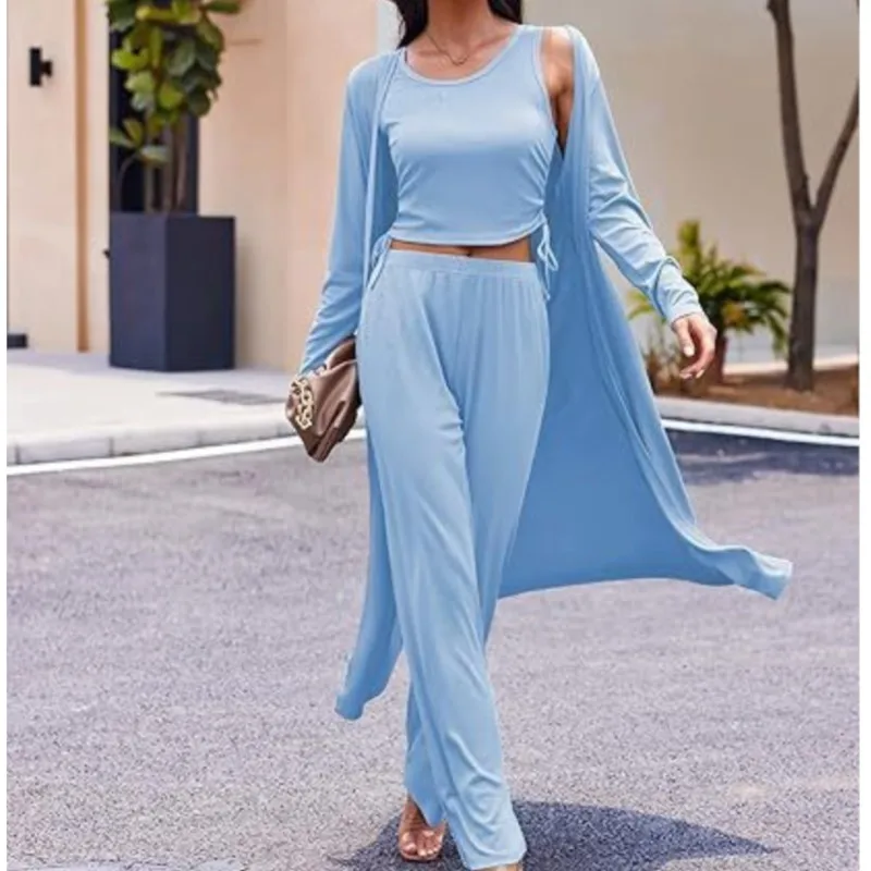 

Women's 3 Piece Casual Cardigan Long Knit Vest Drawstring Pocket Long Sleeve Set Three-piece Suit Womens Outifits