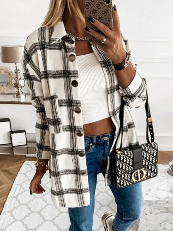 Loose Vintage Plaid Long Sve irt Street Sle Loose Fit Cheered Pattern Women's Spring Faion  Collar Button up
