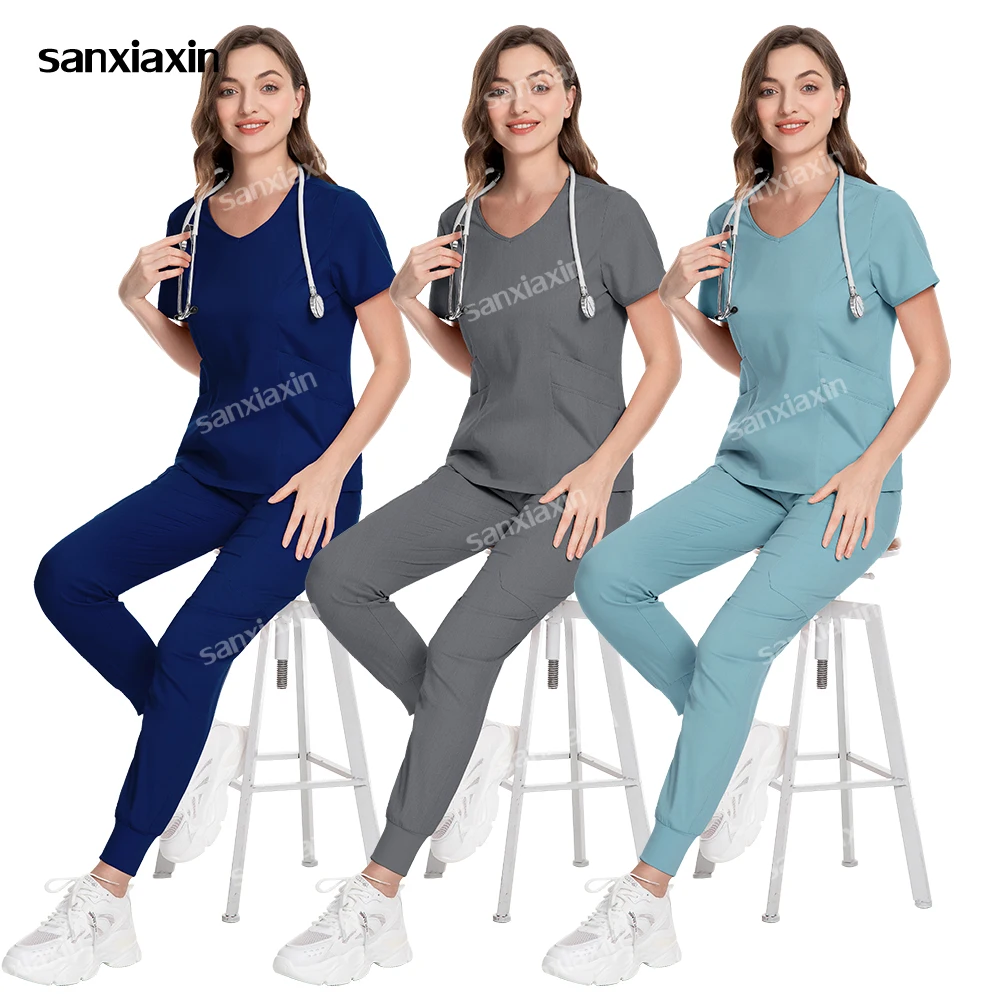 

Workwear Nursing Working Uniform Women Scrubs Pants Elastic Blouse Fashion Short Sleeve V-Neck Tops Dental Hospital Scrubs Set