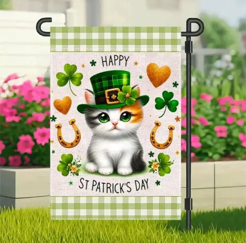 Garden flag St Patrick’s kitten 12” x 18” thick burlap polyester double sided VVL YYX EEZ