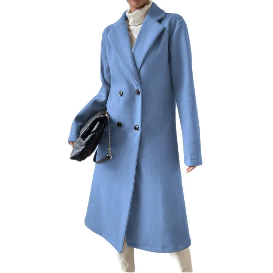 Women's Winter Female Medium Weight Casual Double Breasted Coat with Notched Collar Solid Color Regular Sleeve Knee Length