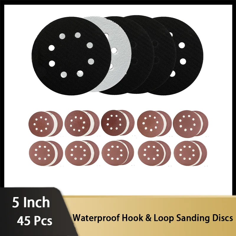 

5 Inch 8 Holes Foam Sandpaper Kit 45 Pcs Assorted Grit 40-2000 with Interface Pad and Sandpaper for Grinding Wool and Metal