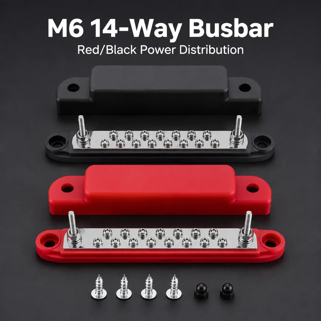 250A 12-24V M6 Red/Black 14-Way Busbar Terminal Block