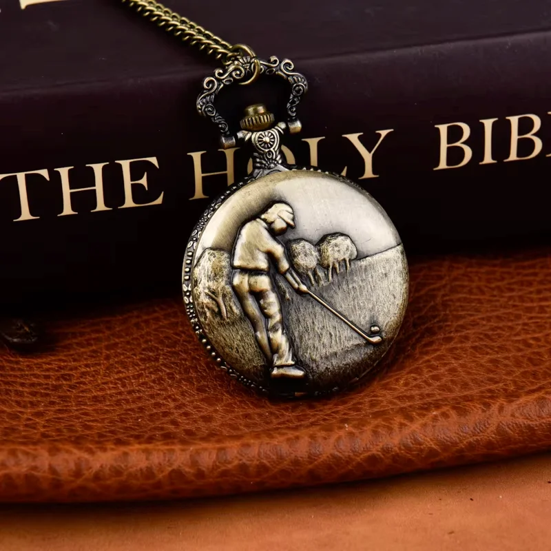 Quartz watch Large golf pattern pocket watch Alloy pocket watch Bronze clamshell necklace watch