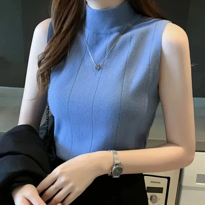

2025 Korean Fashion Ladies Tops Spring New Summer Women Tops Casual Clothes Sleeveless Solid Women Blouse Knit Elastic Blusas