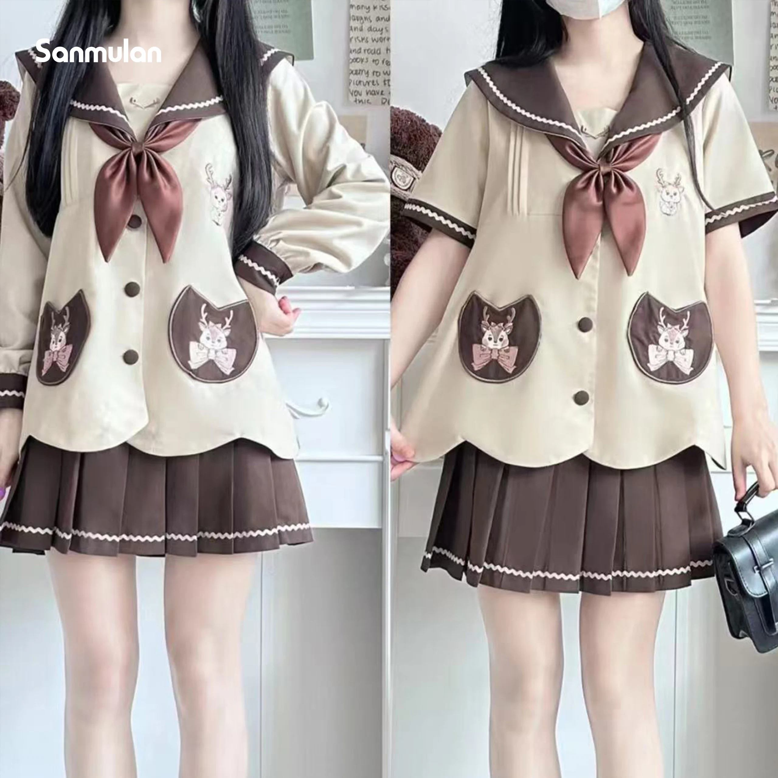 2026 Long-sleeved and Short-sleeved Cartoon Deer Set Sweet and Cute JK Uniform Authentic Skirt  Autumn Set