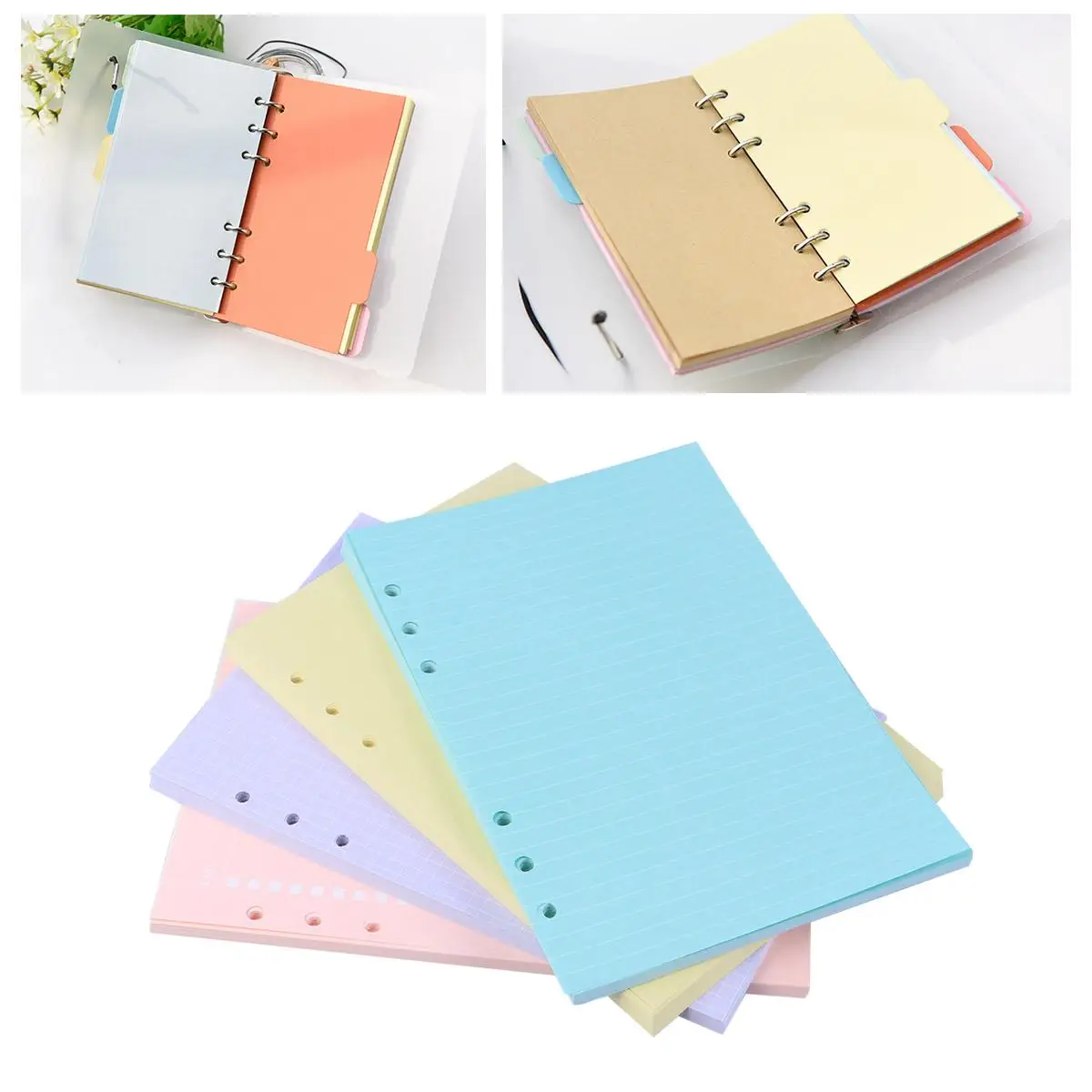

4 Pcs Grid The Notebook Paper Three Ring Wide Rule Refillable Colorful Tab Dividers