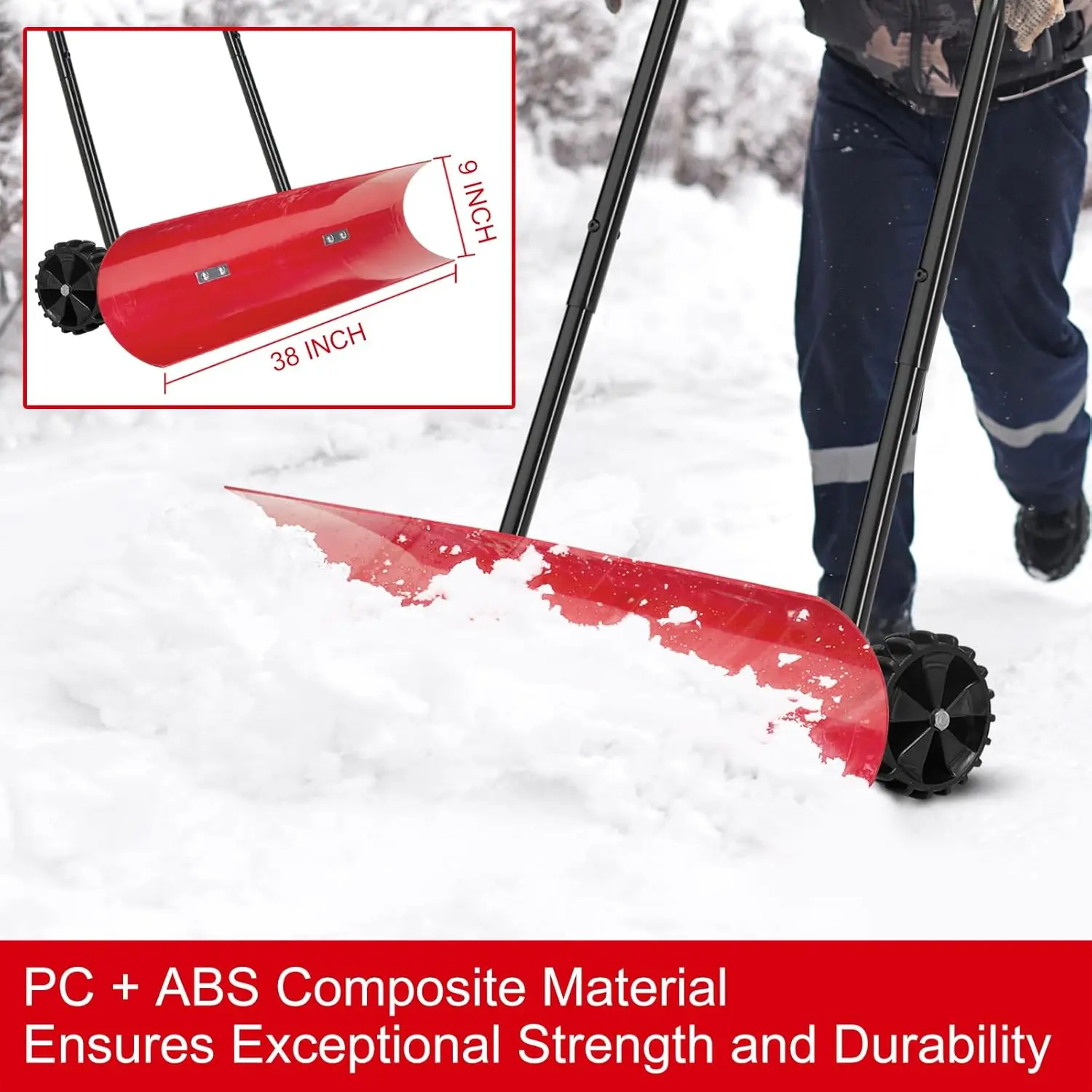 38 Inch Snow Shovel for Driveway, Bi-Direction Heavy Duty Snow Pusher with Wheels and Angled Blade for Efficient Snow Removal