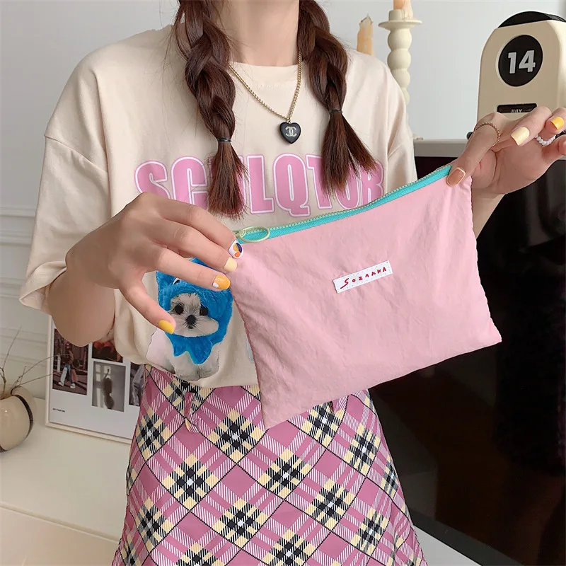 Cute Contrast Color Women\'s Change Purse Handbags Retro Letter Female Storage Bag Makeup Case Soft Portable Ladies Cosmetic Bags