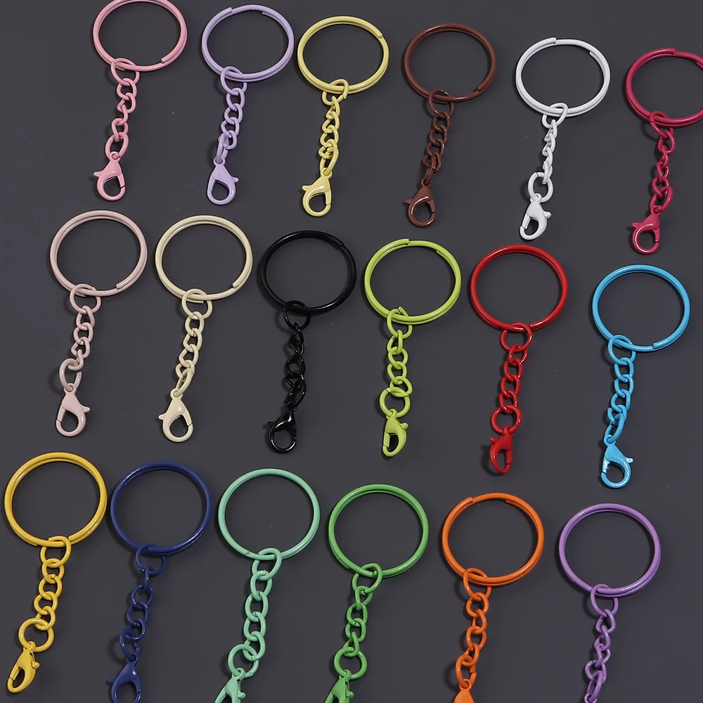20pcs/Lot 25mm Colorful Keyrings with Chains Lobster Clasps for DIY Jewelry Making Keychain Connector Hooks Bags Holder Supplies
