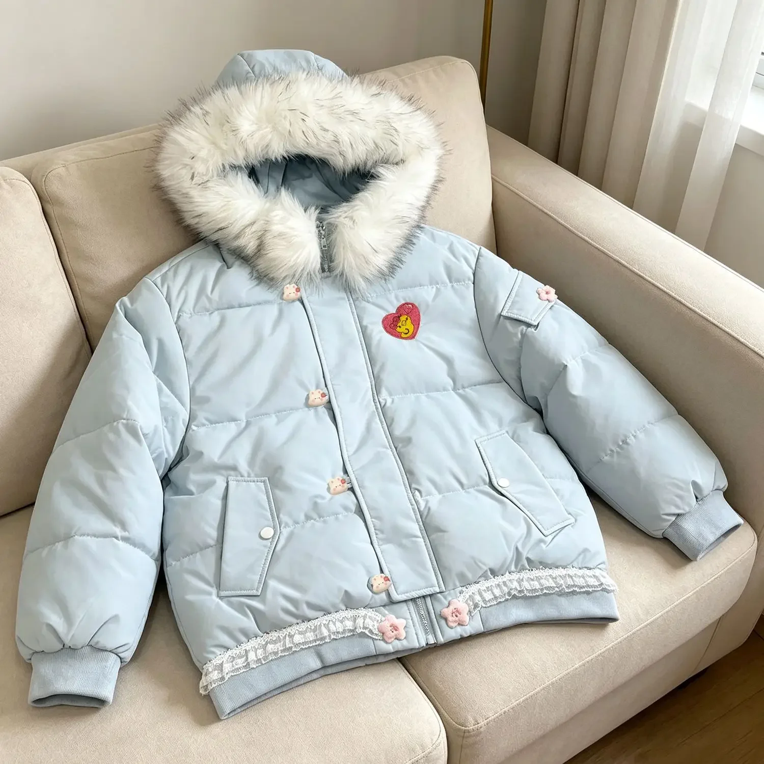 2026 New Cute Girl Thickened Loose Warm Coat Windbreaker Y2k Top Sweet Girl Detachable Fur Collar Hooded Winter Coat Women