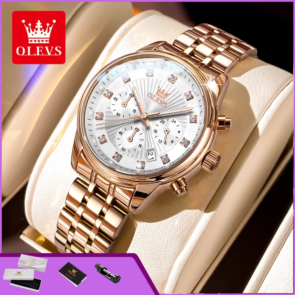 OLEVS 3669 Elegant Ladies Quartz Watches Luxury Diamond Dial Chronograph Waterproof Auto Date Elegant Women's Dress Wristwatches