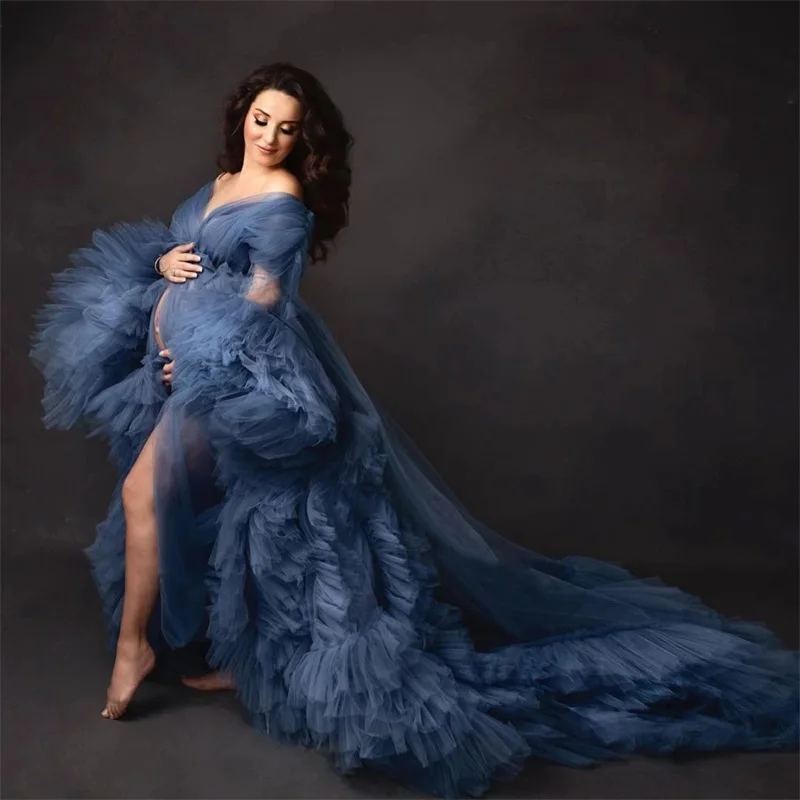 Blue Women Maternity Dresses V Neck Full Sleeves Pregnant Gown for Photoshoot Custom Made Tired Tulle Mesh Babyshower Prom Gown