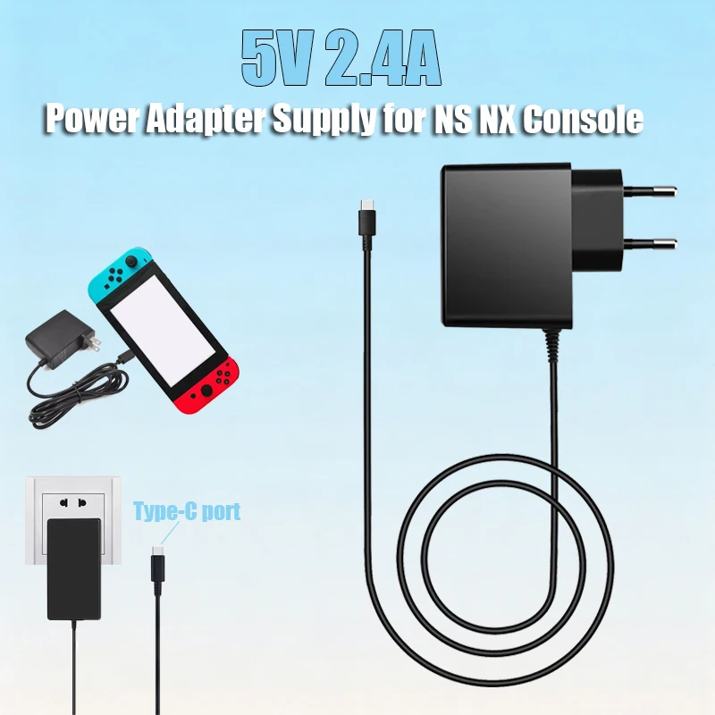 5V 2.4A USB-C Power Adapter AC 100–240V EU/US Plug Charging for NS Switch 2, Switch OLED, Lite & Other Type-C Devices