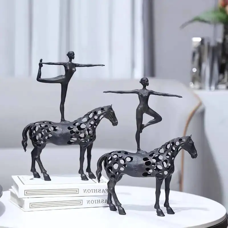 Cast Iron Hollow Horse Dancing Girl Ballet Dancer Dancing Horse Statue on Horseback Metal Figurine Sculpture of Realistic Animal
