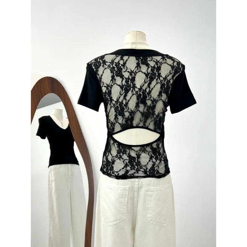 Women's Summer New Style Pure Desire Lace Hollow out Short Sleeve T-Shirt Backless Top Slim Fit Daily Wear Polyester Fabric