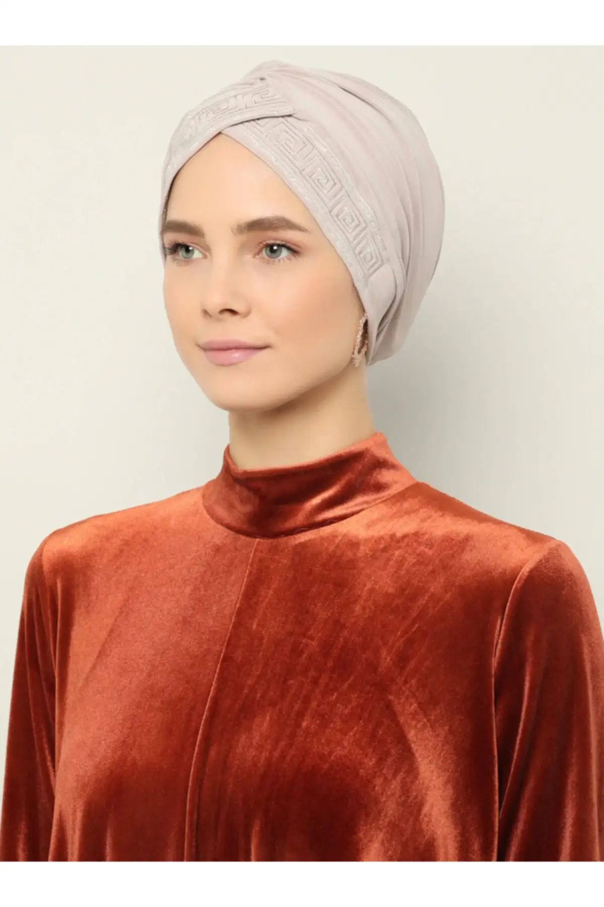 Embroideried Cross Banded Ready Turban-Beige-