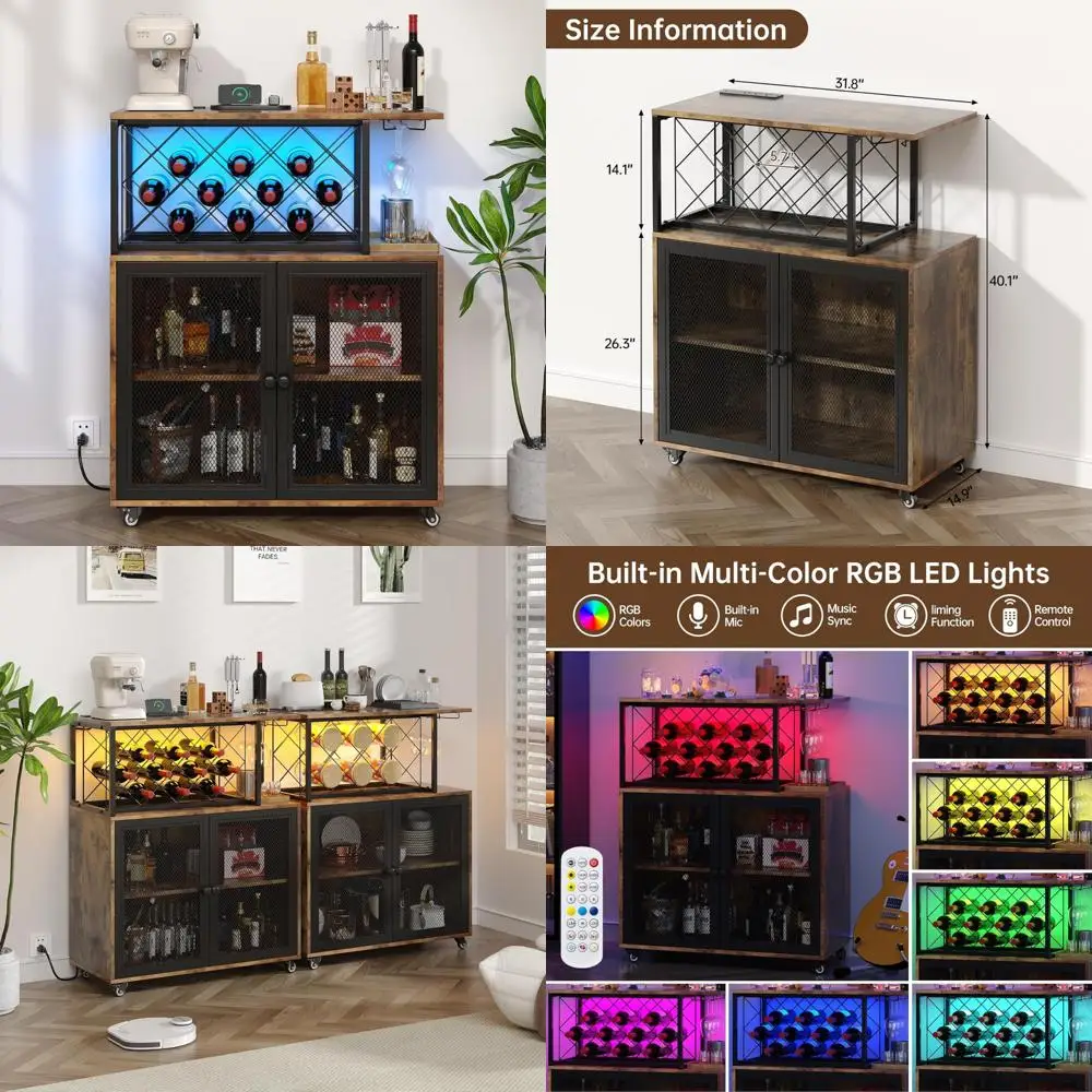 

Портативная 4-ярусная тележка на колесиках со светодиодной подсветкой и розетками, домашний мини-барный шкаф с винной стойкой и кофе