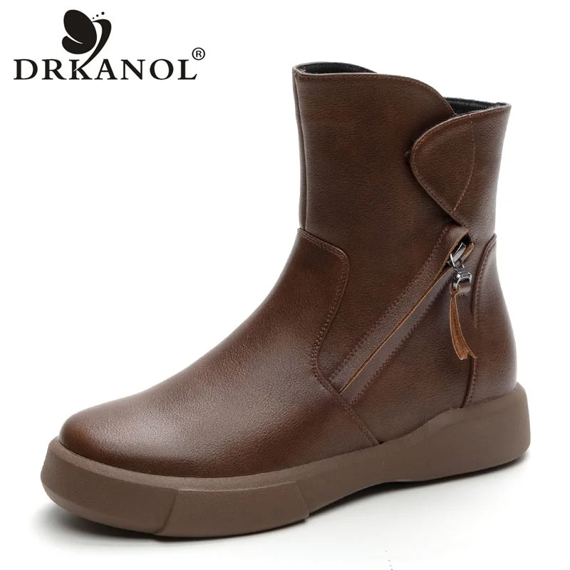 DRKANOL New Design Round Toe Women Ankle Boots 2024 Vintage Soft Split Leather Short Plush Winter Warm Snow Boots Flats Shoes