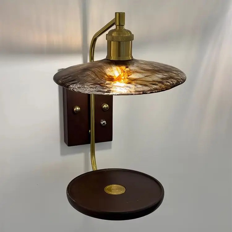 Mid Century French Vintage Wall Light with Shelf for Living Room Bedroom Ambient Lighting Home Decor Amber Glass Shade Wall Lamp