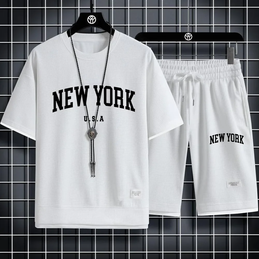 NEW YORK Letter U.S.A Shorts Set Gym Outfit Student Short Sleeve T-shirt 2 Piece Set Tracksuits Men Casual Men Clothing Joggers