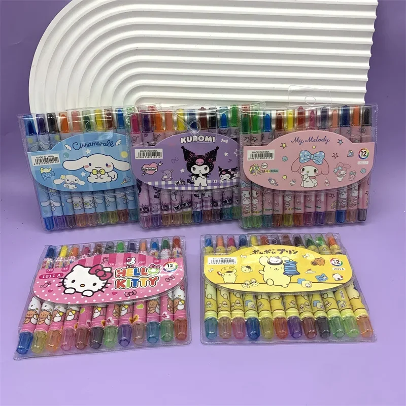 12Pcs/set Sanrio Cinnamoroll Mymelody Kuromi Kawaii Non-Toxic Crayon Oil Painting Stick Kids Student Pastel Pencils Gift