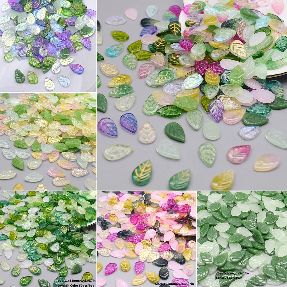 11x18mm 50pcs/Lot Green Glass Tree Leaves Charms Pendants For Jewelry Making DIY Earrings Necklace Bracelet  Accessories Finding