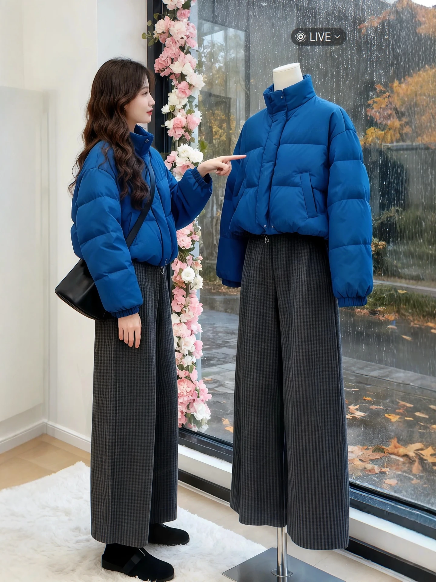 

Winter Faion ort Cotton Jaet And Plaid Wide Leg Pants Women's Loose Fit Korean Sle Set Warm Casual High Waist Trousers