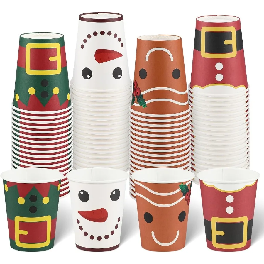 

100 упаковок рождественских бумажных стаканчиков, одноразовые бумажные стаканчики для вечеринок на 9 унций с милым дизайном Санта-Клауса и пряничного человечка для горячего и коллекции