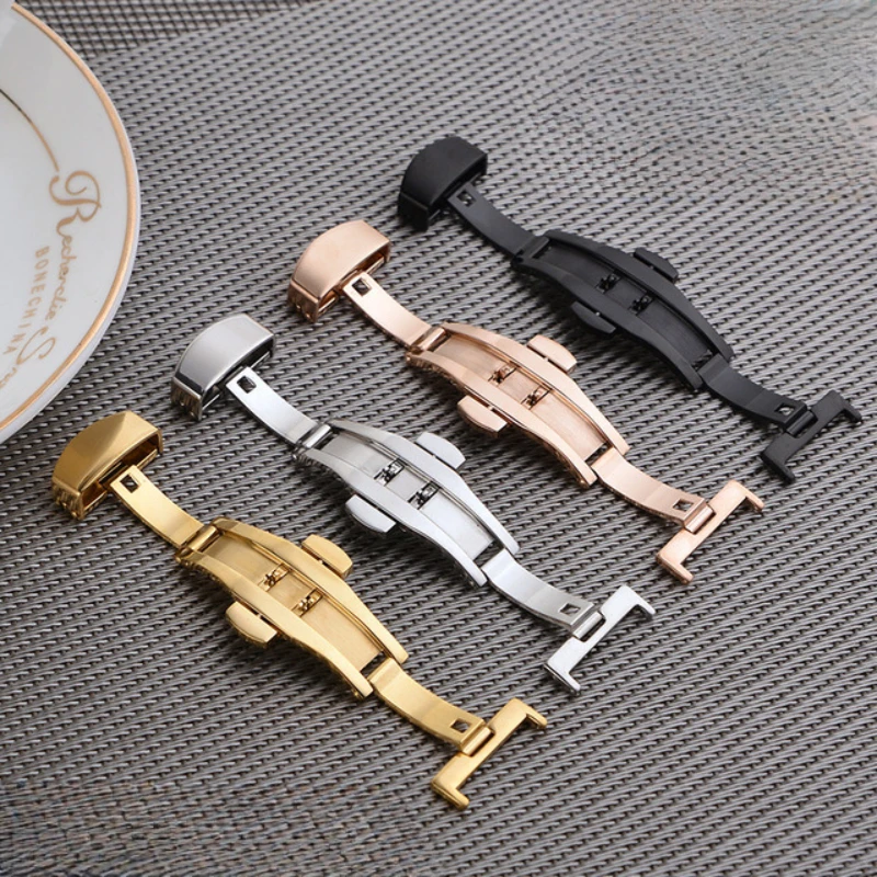 Replace Watch Belt Accessories Straight Interface 16 18 20 22mm Stainless Steel Double Press Women's Rose Gold Butterfly Buckle