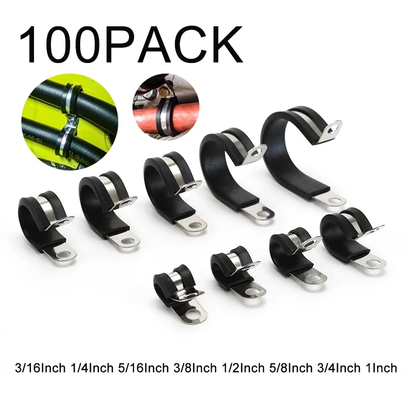 100Pack 3/16-1 Inch Stainless Steel Cable Clamp Rubber Cushioned Insulated Clamp Holder for Tube Pipe or Wire Cord Installation
