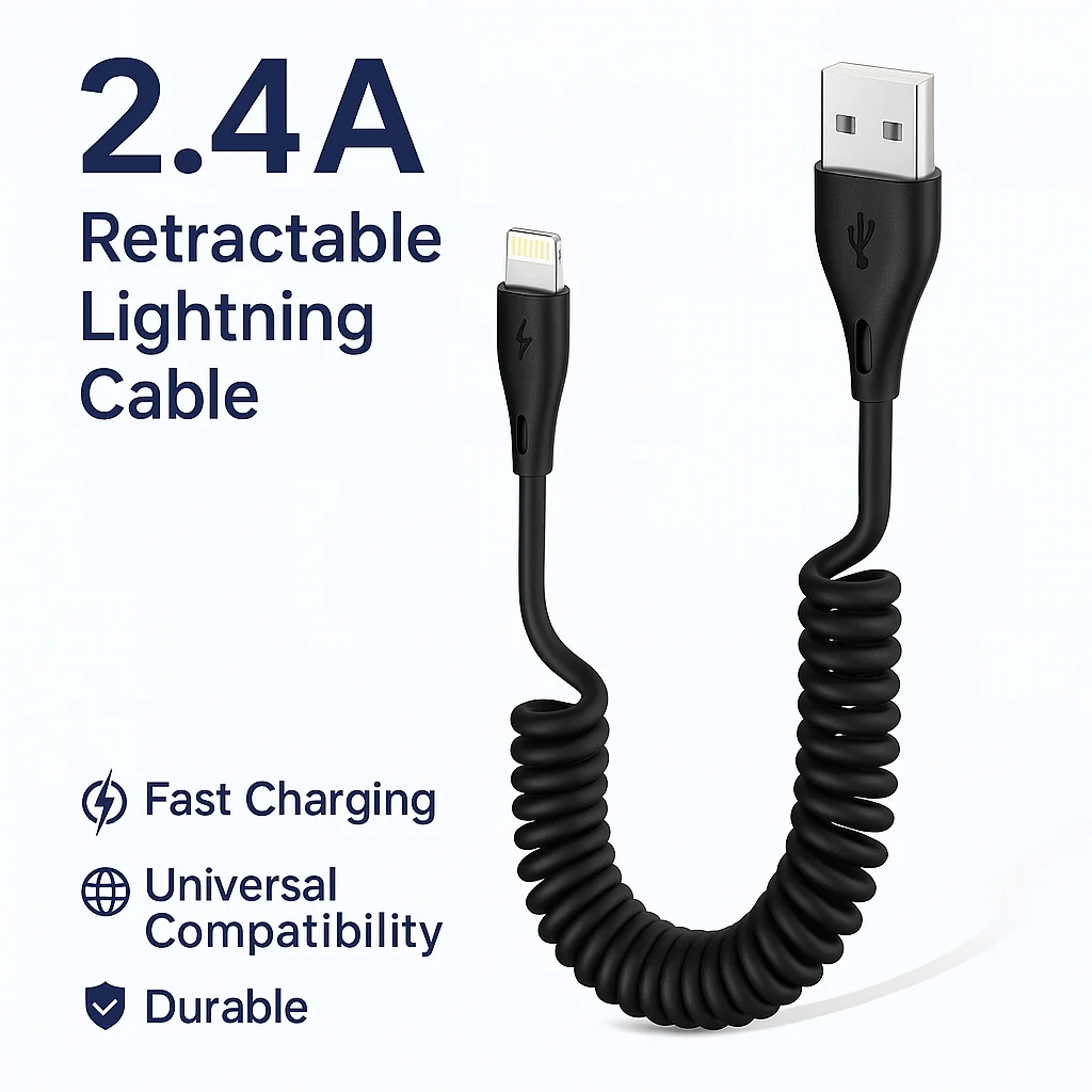 

[MFi Certified] Coiled Lightning Cable for iPhone – 3 ft 2.4A Fast Charging Retractable USB Cord for CarPlay & Travel (Black)