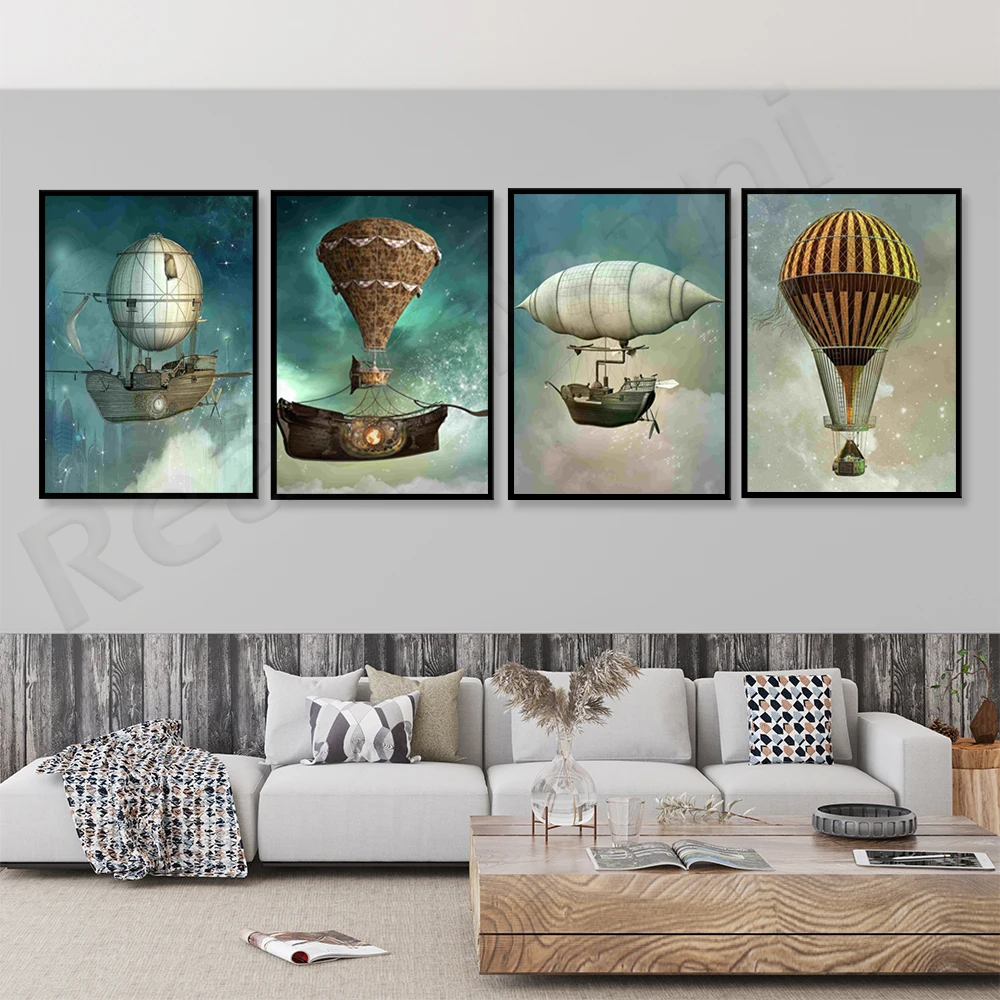 Impressão de pôster de arte de balão de ar quente de fantasia mágica, pôster de arte de parede de estilo de fantasia vitoriana vintage