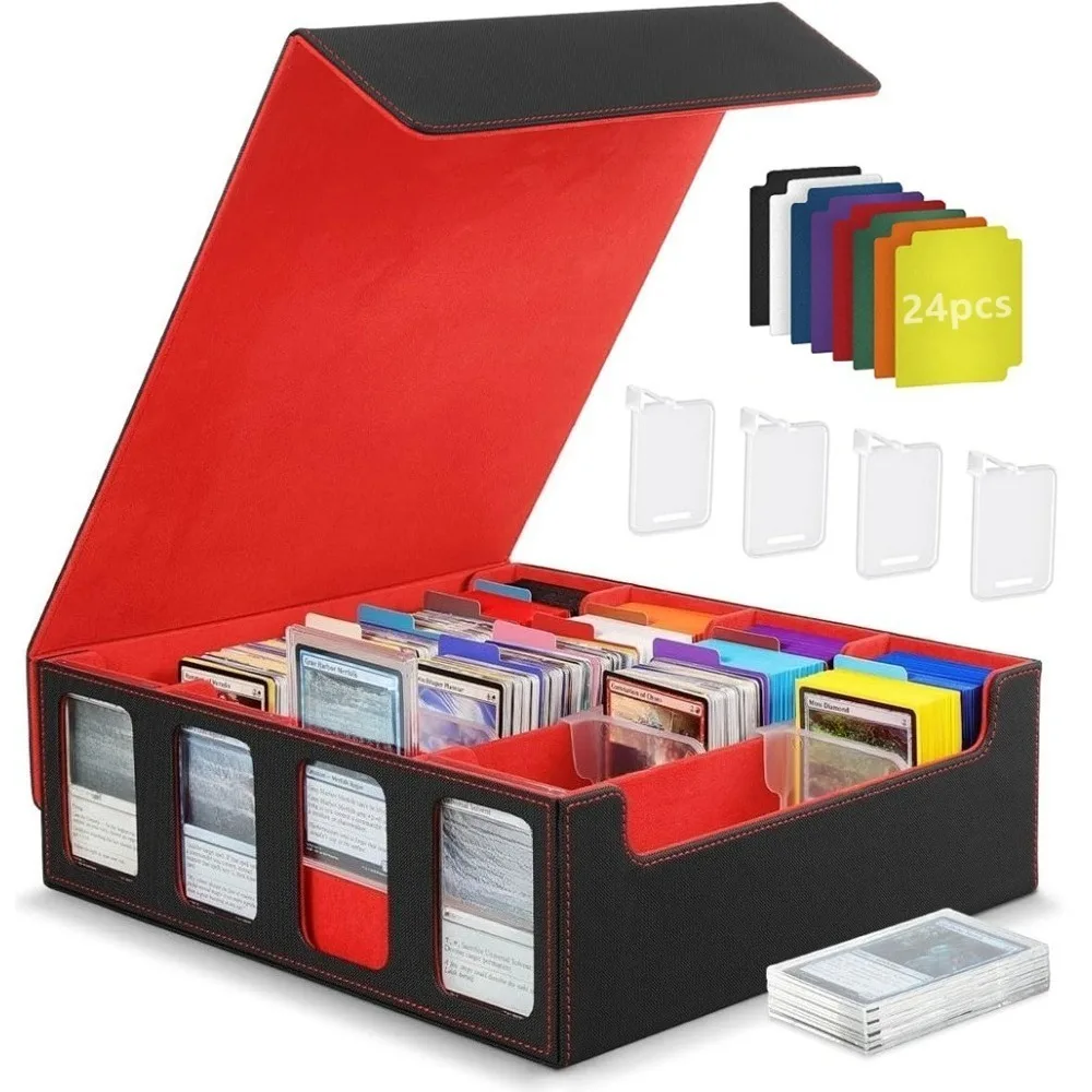 Boîte de rangement pour cartes à collectionner, boîte à cartes avec 24 séparateurs colorés et 4 supports, convient aux cartes de jeu Magic, YugiOh