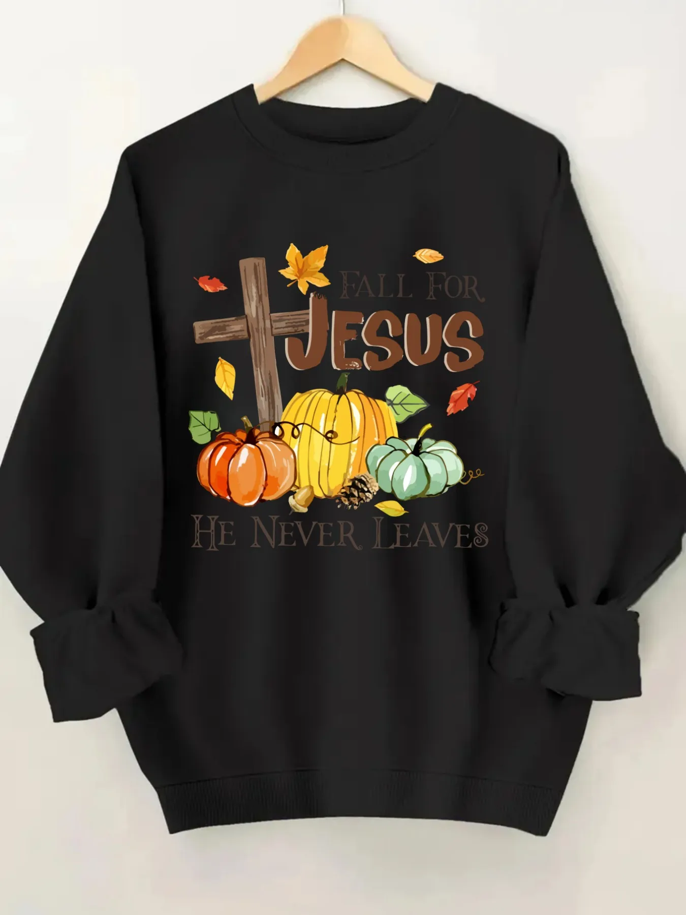 Women's Crew Neck Pullover Sweatshirt Fall For Jesus Design, Soft Casual Long Sleeve, Daily Casual Top Outfit, Winter Women's Clothing, Thanksgiving Outfit