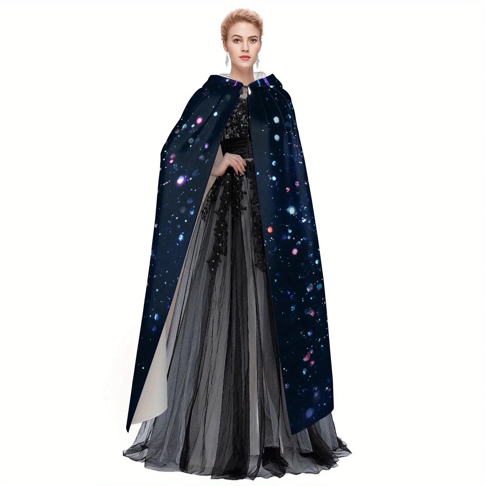 Customization Vintage Butterfly And Star Sky Hooded Cape Enchanting Adult Cloak With Magical Butterfly Galaxy Design, Black Poly