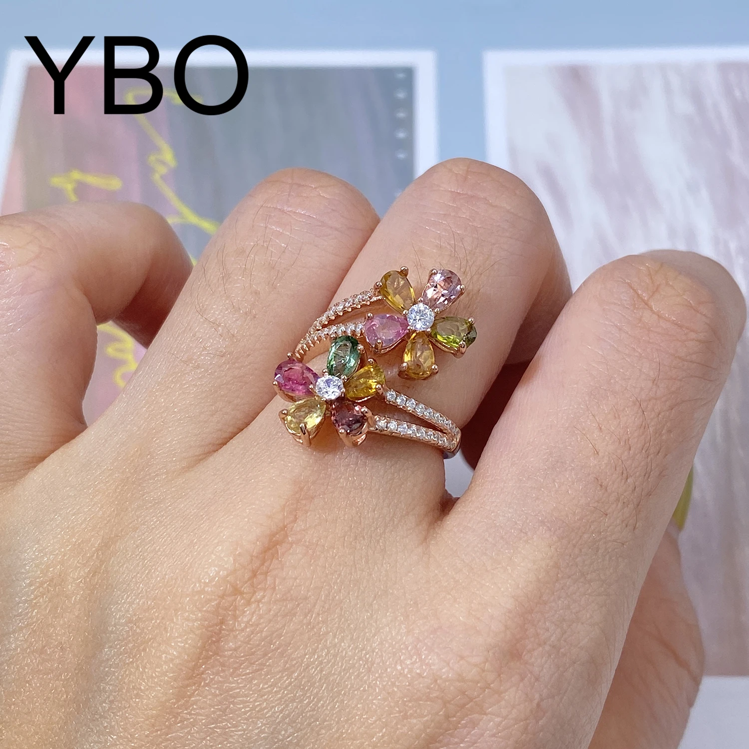 

YBO 925 Sterling Silver Opening Adjustable Rings For Women Natural Colorful Tourmaline Inlay Flower Ring Luxury Dating Jewelry