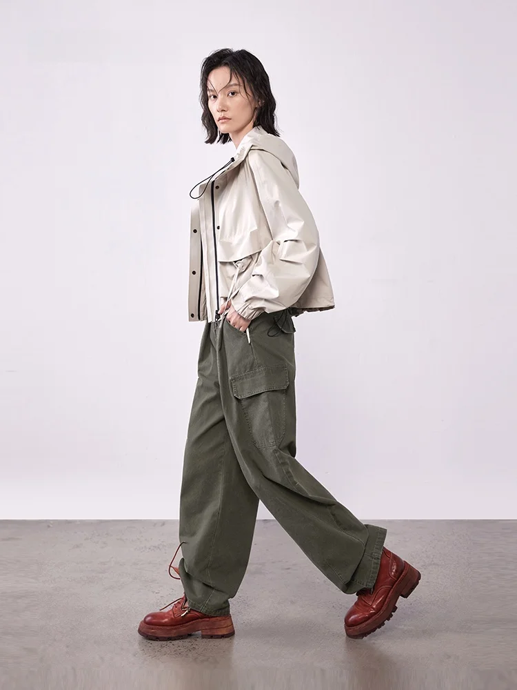 

XMOOM2025 Autumn New Workwear Sle Double Zipper ey een Waed Denim Pants Women's Straight Leg Cotton Casual Trousers