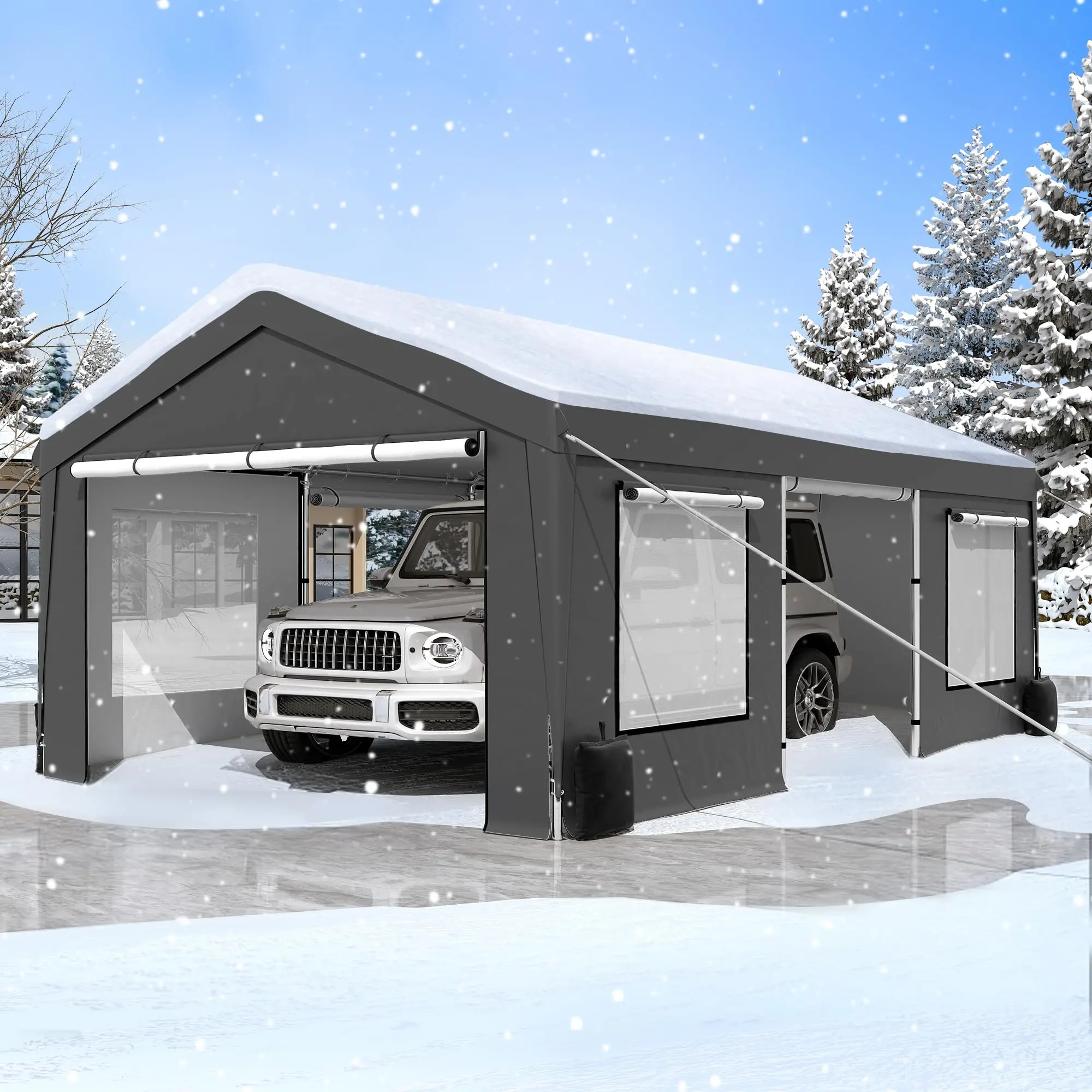 12' x 20' Heavy Duty Carport Tent, Grey | Portable Outdoor Car Canopy with Roll-up Side Doors & Windows, Portable