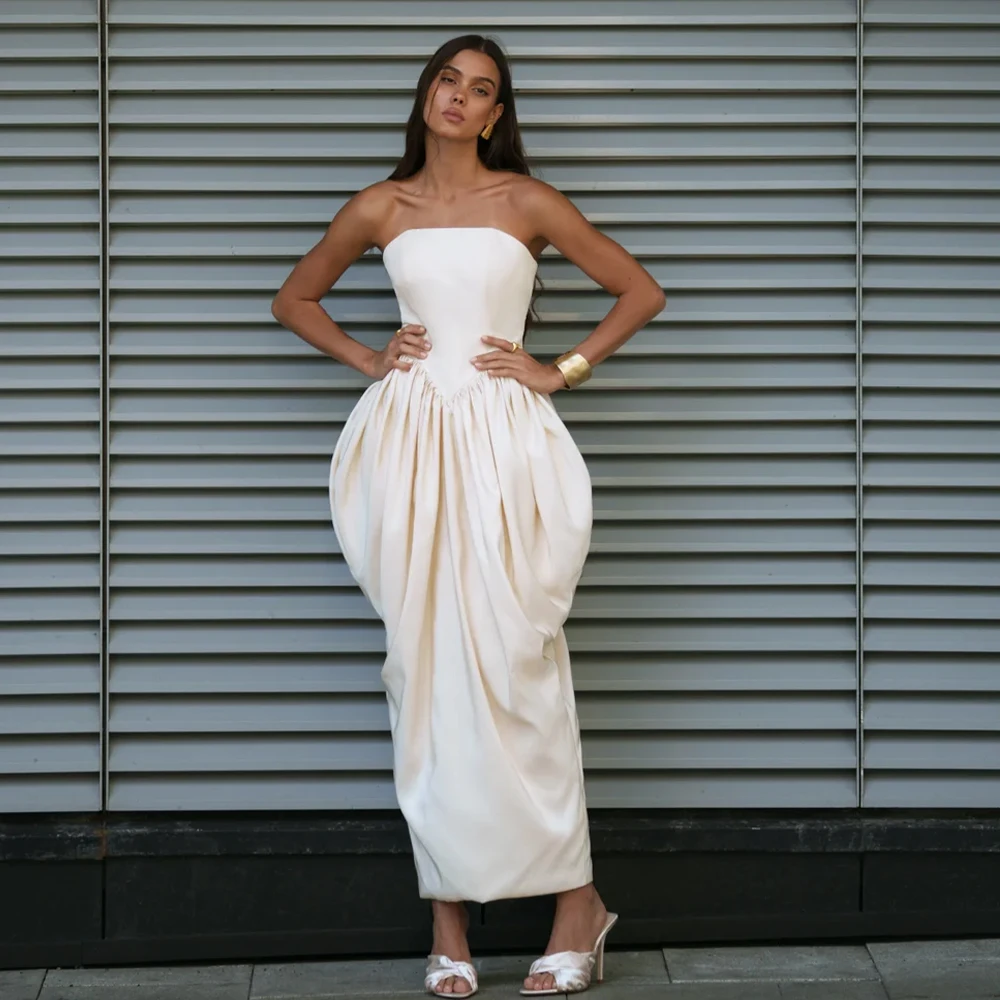 Customized  Fashion Strapless Satin Wedding Dress Tube Top Draped Bubble Skirt High Side Slit Minimalist Back Modern Bridal Gown