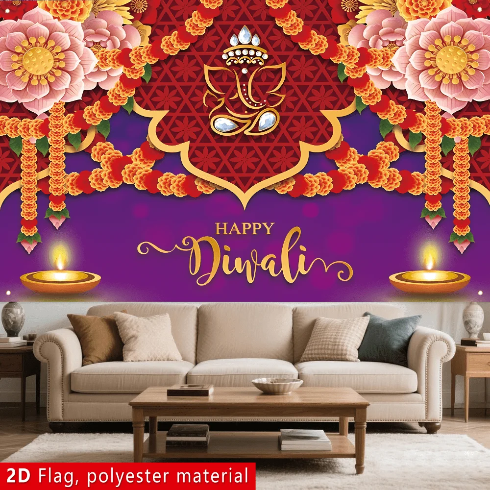 VIKAMA Diwali Tapestry Wall Hanging Banner Happy Diwali Fabric Decor for Festival Party 180x110cm