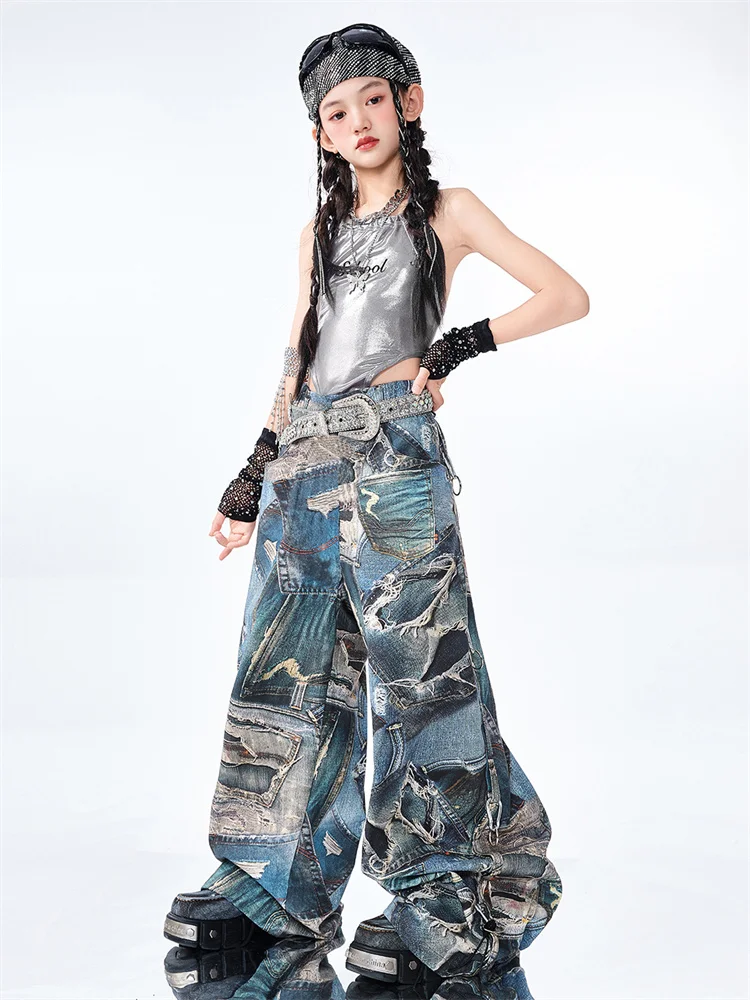 Ropa de Hip Hop para niñas, traje de baile callejero de Jazz para niños, chaleco plateado con entrepierna, pantalones de cimitarra azul, traje de actuación infantil