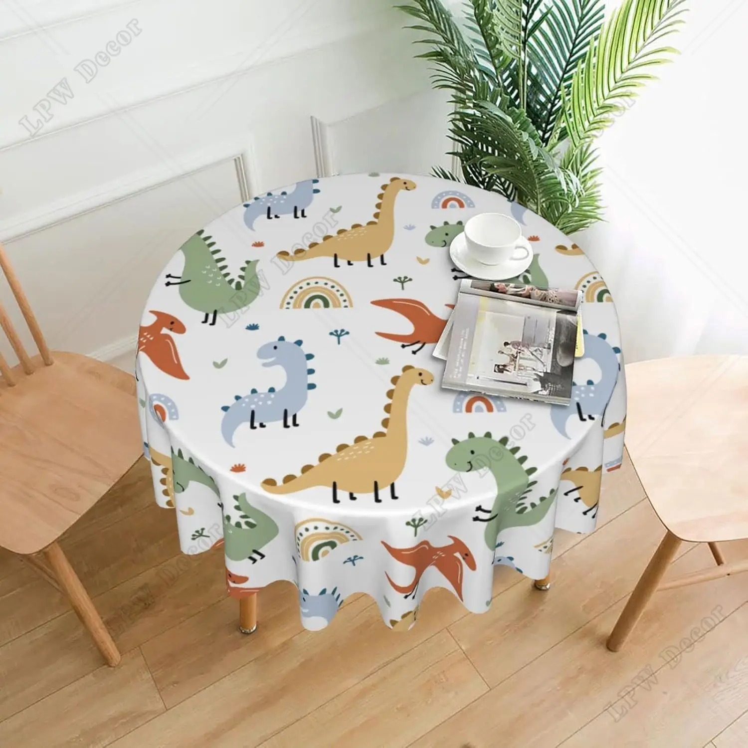 Cute Dinosaur and Pterodactyl Round Tablecloth 60 Inch Dino Themed Party Decorations Mat Spill Proof Table Party Picnic Camping