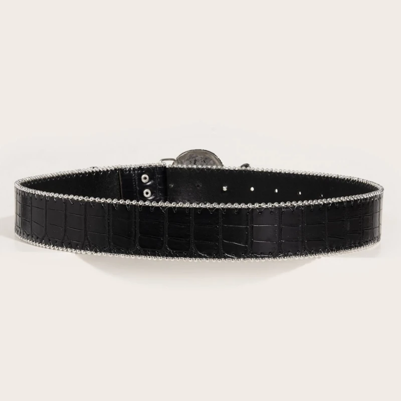 Womens Leathers Belt for Jeans Pants Dresses Black Ladies Waist Belt Rhinestones Buckle Gothic Waist Belt