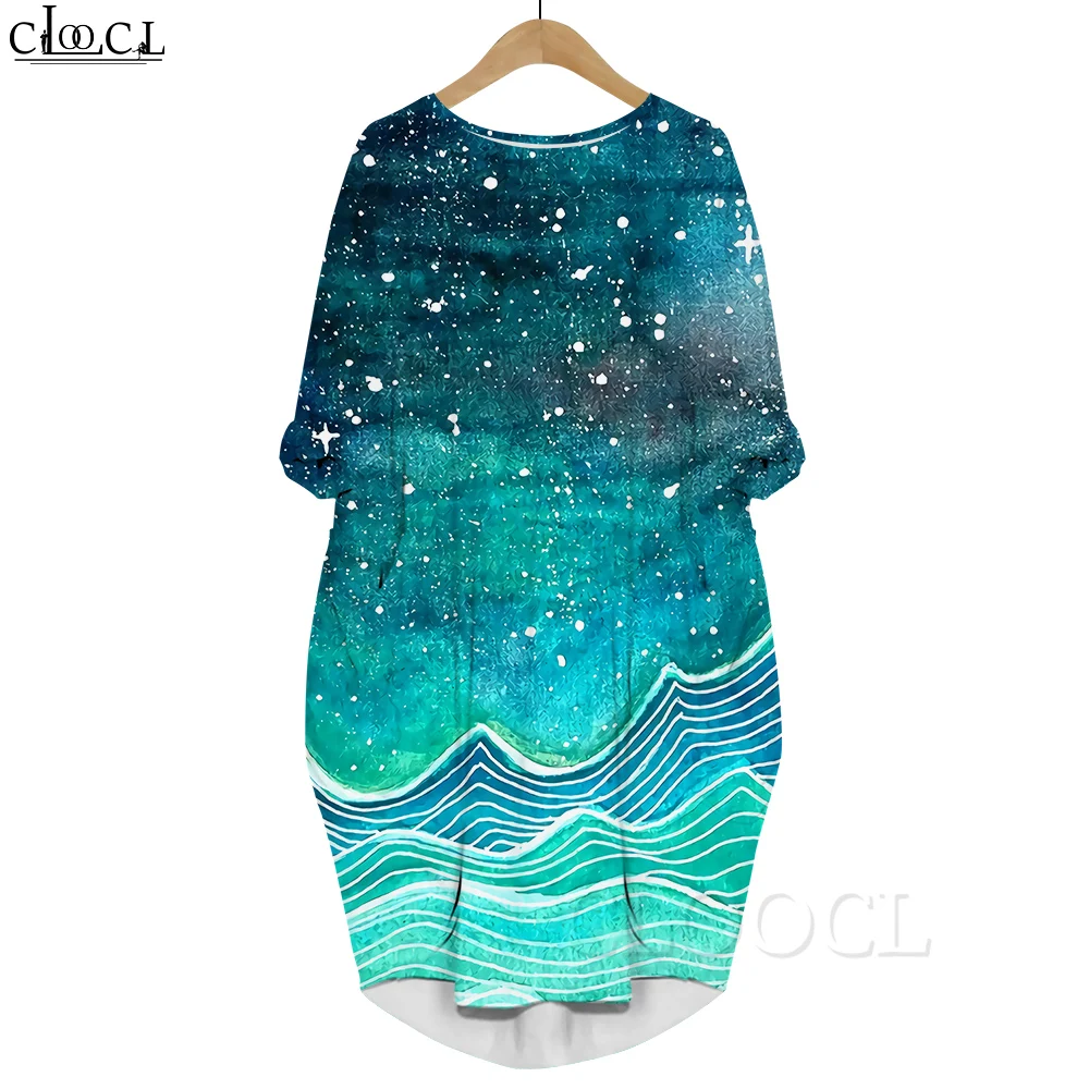 CLOOCL Women Starry Sea 3D Printed Dress Long Sleeve Gown Pocket Round Neck Dresses Fashion Summer Dresses Robe Loose Dress